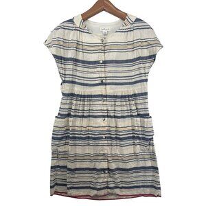 Cousin Earl Dress Sz S Beige Striped Short-Slv Cotton/Linen Beachy Retro Casual